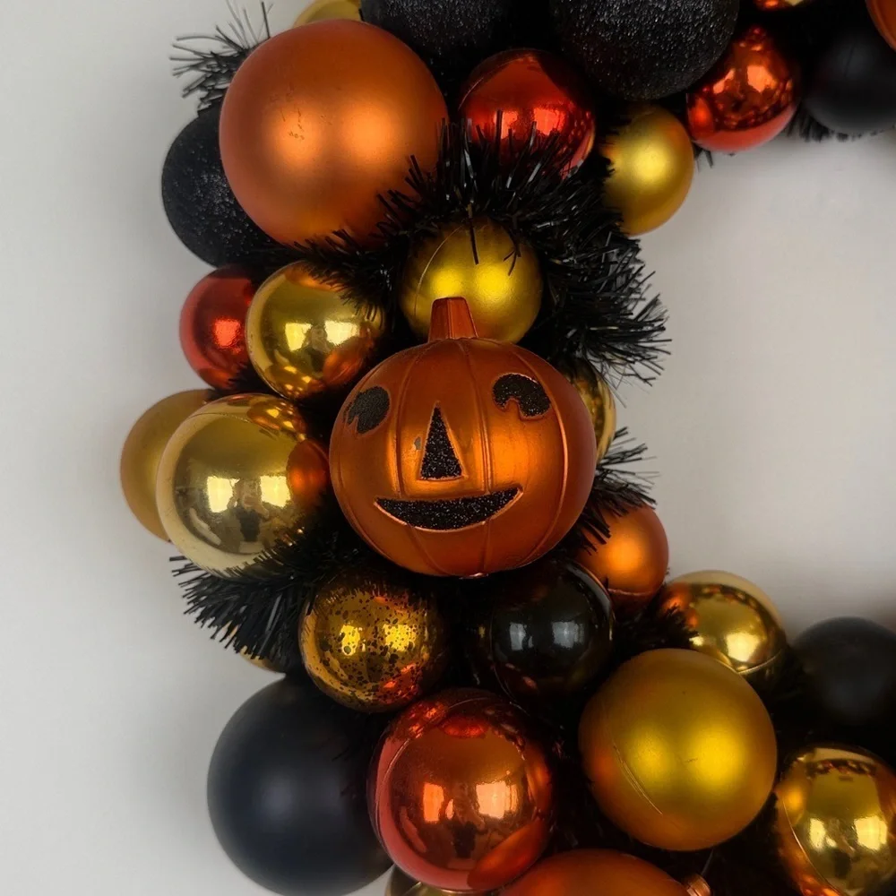 Halloween Shatterproof Ornament  Orange Black Gold Shiny Wreath Festive Spooky